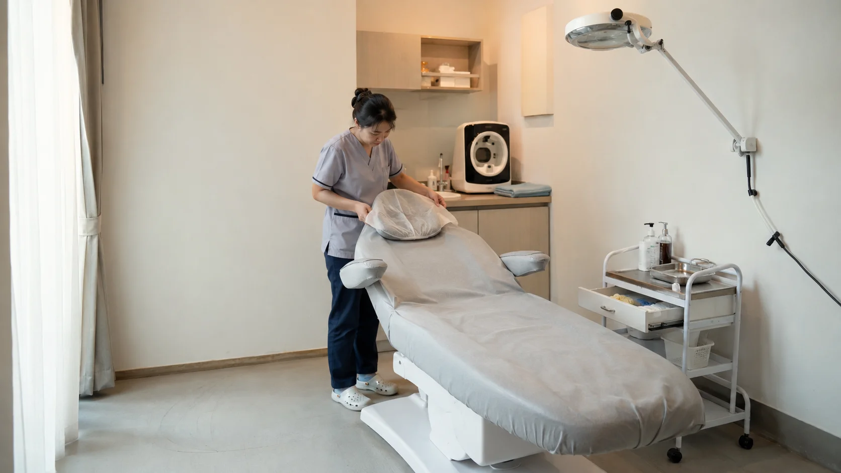 ผู้ช่วยคลินิกกำลังเตรียมเตียงก่อนเปิดให้บริการคลินิกความงาม