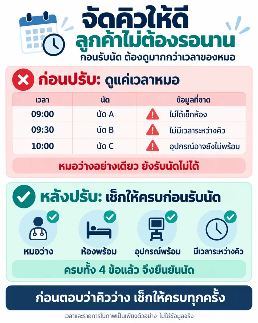 อินโฟกราฟิกเปรียบเทียบการดูเฉพาะเวลาหมอกับการตรวจหมอ ห้อง อุปกรณ์ และเวลาระหว่างคิวก่อนรับนัด