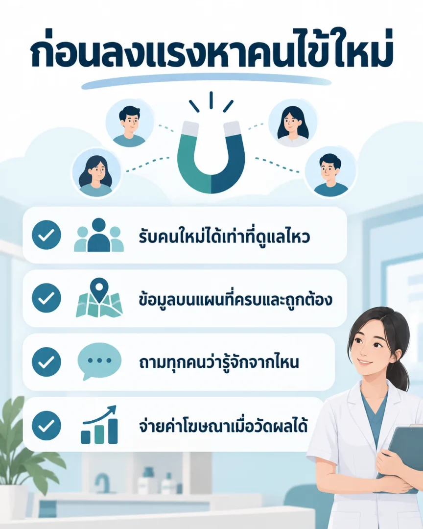 เช็กลิสต์ก่อนลงแรงหาคนไข้ใหม่ รับคนใหม่ได้เท่าที่ดูแลไหว ข้อมูลบนแผนที่ครบและถูกต้อง ถามทุกคนว่ารู้จักจากไหน จ่ายค่าโฆษณาเมื่อวัดผลได้