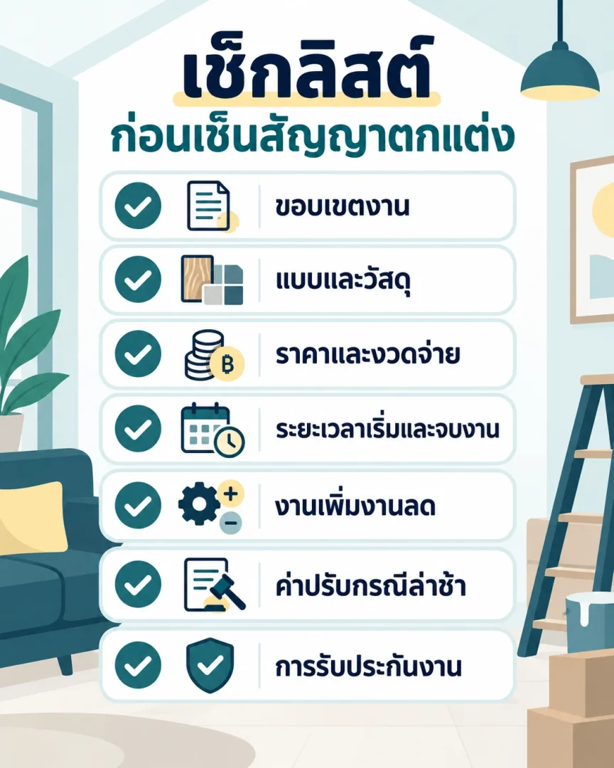 เช็กลิสต์ก่อนเซ็นสัญญาตกแต่ง กันเงินเดินงานก่อน ตั้งเพดานงบ แบ่งงบตามกลุ่มงาน และเผื่อส่วนบานปลาย