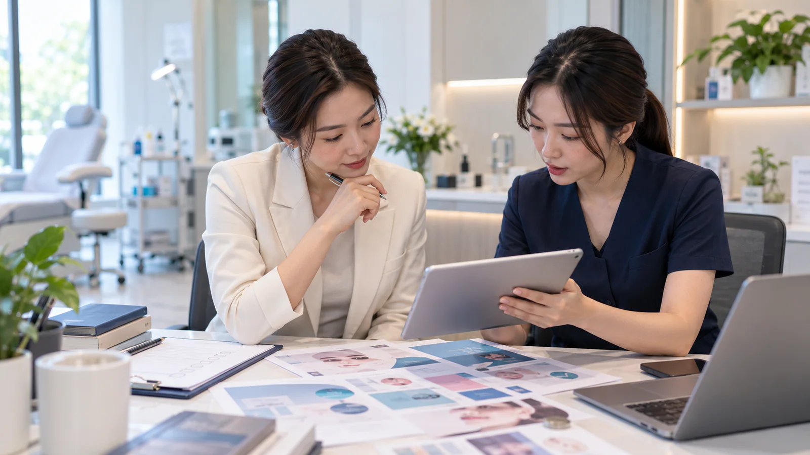 ผู้จัดการคลินิกและแอดมินการตลาดตรวจชิ้นงานโฆษณาก่อนเผยแพร่