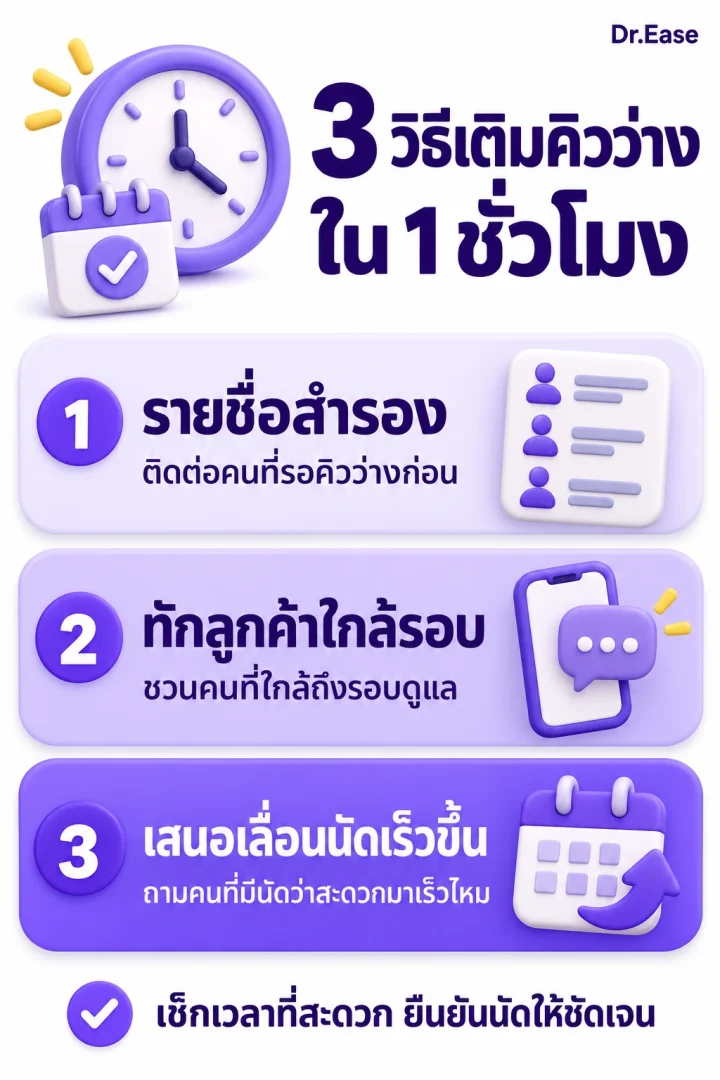 อินโฟกราฟิกสรุปสามวิธีเติมคิวว่างในคลินิกให้เต็มเร็ว เหมาะสำหรับแชร์ในกลุ่มทีมหน้าคลินิก
