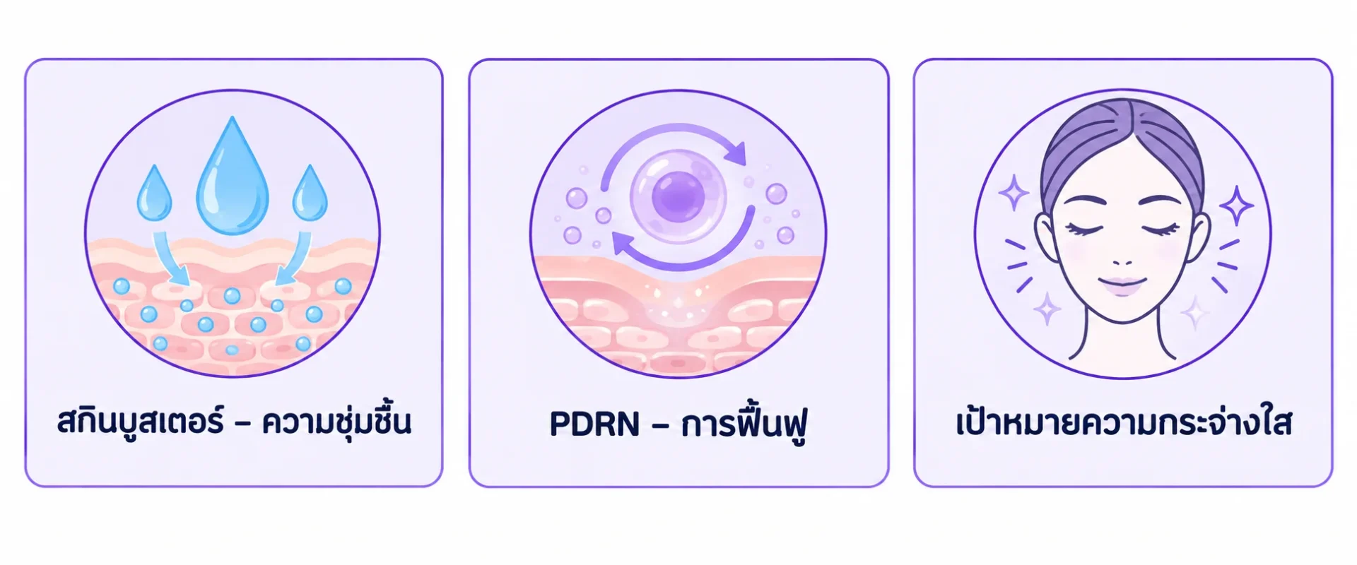 แผนภาพเปรียบเทียบทรีตเมนต์ผิวสไตล์เกาหลีสามแบบ ตามเป้าหมายความชุ่มชื้น การฟื้นฟู และความกระจ่างใส