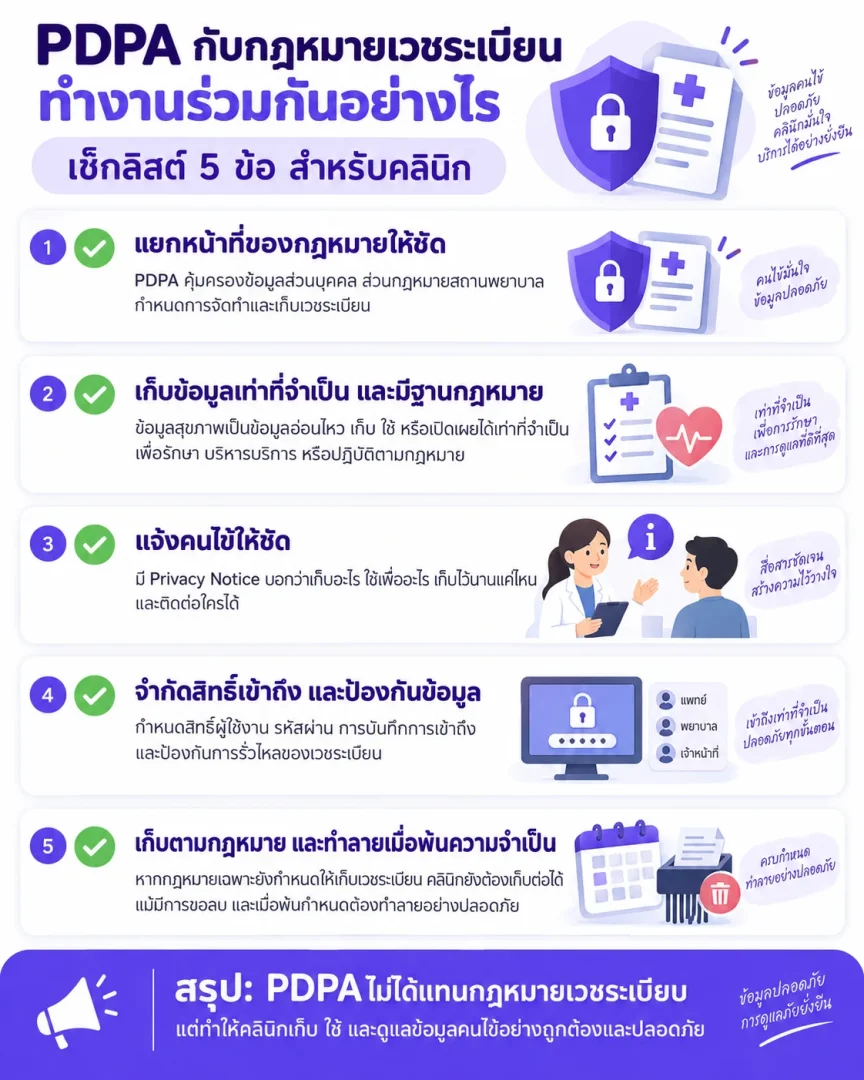 อินโฟกราฟิกสรุปการทำงานร่วมกันของ PDPA และกฎหมายเวชระเบียนสำหรับคลินิก เหมาะสำหรับแชร์