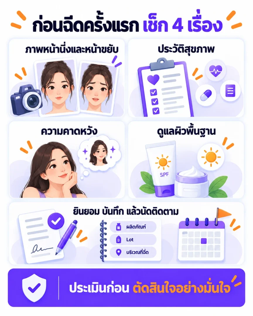 เช็กลิสต์ก่อนฉีดโบท็อกซ์ป้องกันริ้วรอยในคนไข้วัย 20 ตั้งแต่ภาพหน้านิ่งและหน้าขยับ ประวัติสุขภาพ ความคาดหวัง ความยินยอม บันทึก Lot จนถึงนัดติดตาม
