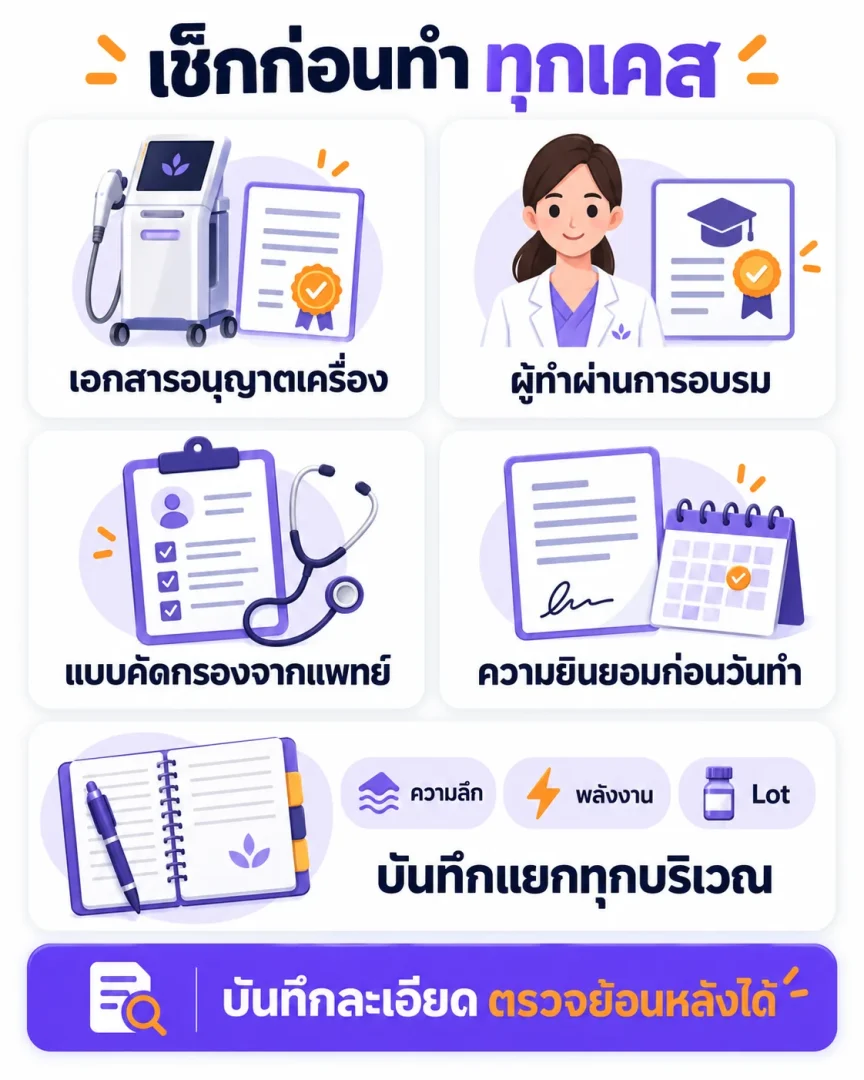 เช็กลิสต์ความปลอดภัยหัตถการเข็มความร้อนในคลินิก ครอบคลุมเครื่อง ผู้ทำ การคัดกรอง ความยินยอม บันทึกค่า และการติดตาม