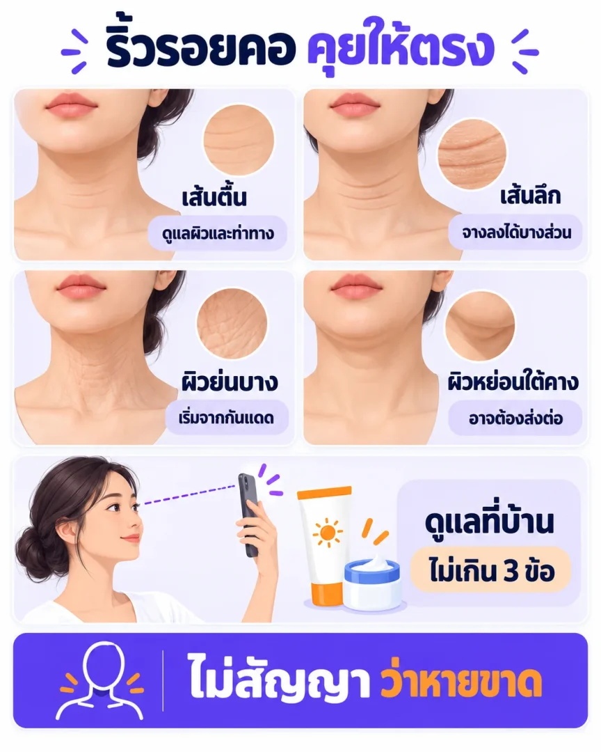 เช็กลิสต์ดูแลคนไข้ที่กังวลริ้วรอยคอ ตั้งแต่ซักประวัติ ถ่ายภาพสามท่า แยกชนิดรอย ให้คำแนะนำที่บ้าน จนถึงนัดติดตาม