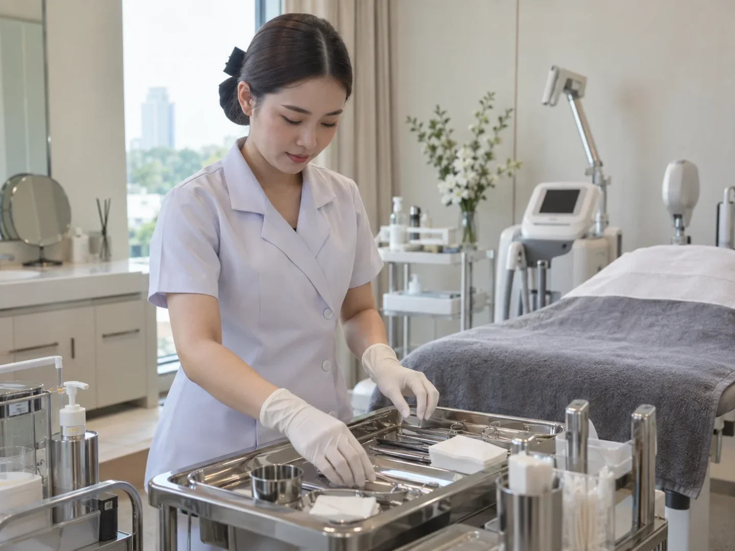 ห้องหัตถการคลินิกความงามที่จัดวางเป็นระเบียบ มีเตียงทำหัตถการ รถเข็นเครื่องมือ และอ่างล้างมือแยกโซนชัดเจน