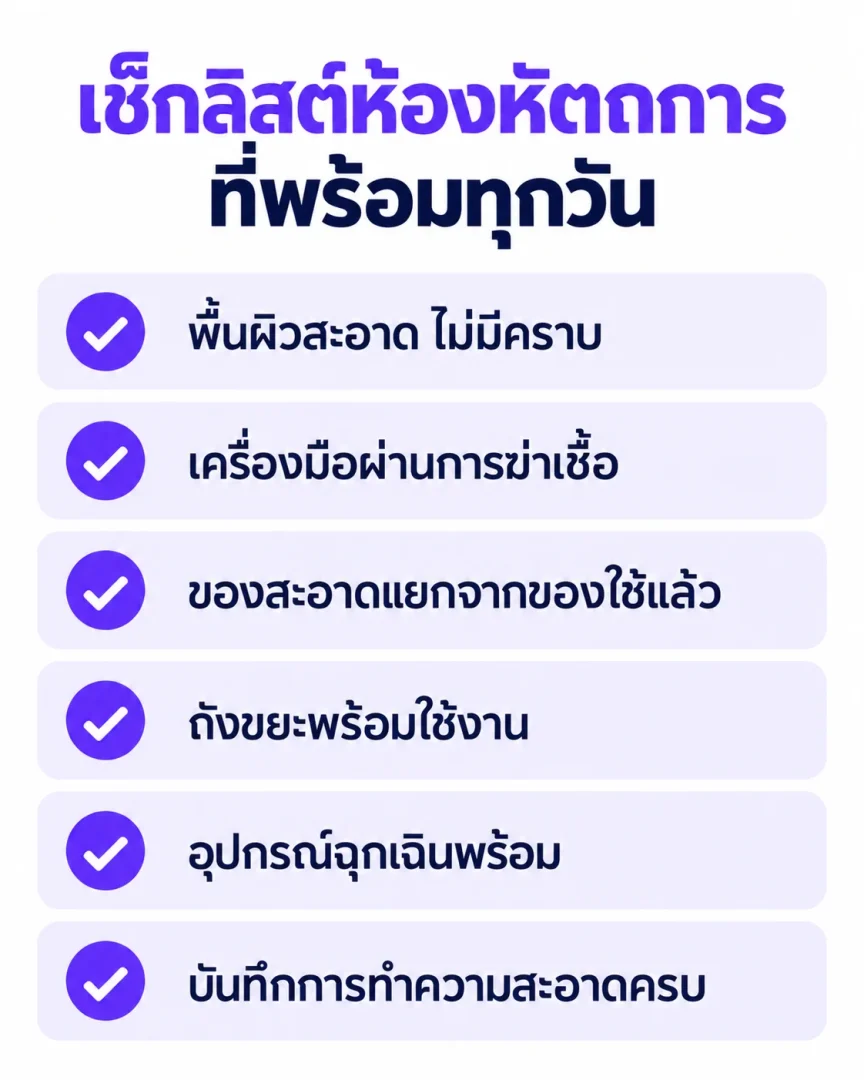 อินโฟกราฟิกสรุปเช็กลิสต์จัดห้องหัตถการคลินิกความงามหกข้อ เหมาะสำหรับแชร์ในกลุ่มเจ้าของคลินิก