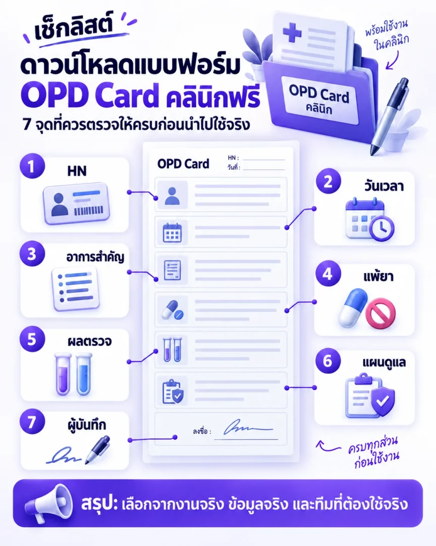 เช็กลิสต์ ดาวน์โหลดแบบฟอร์ม OPD Card คลินิกฟรี พร้อมตัวอย่างการกรอก