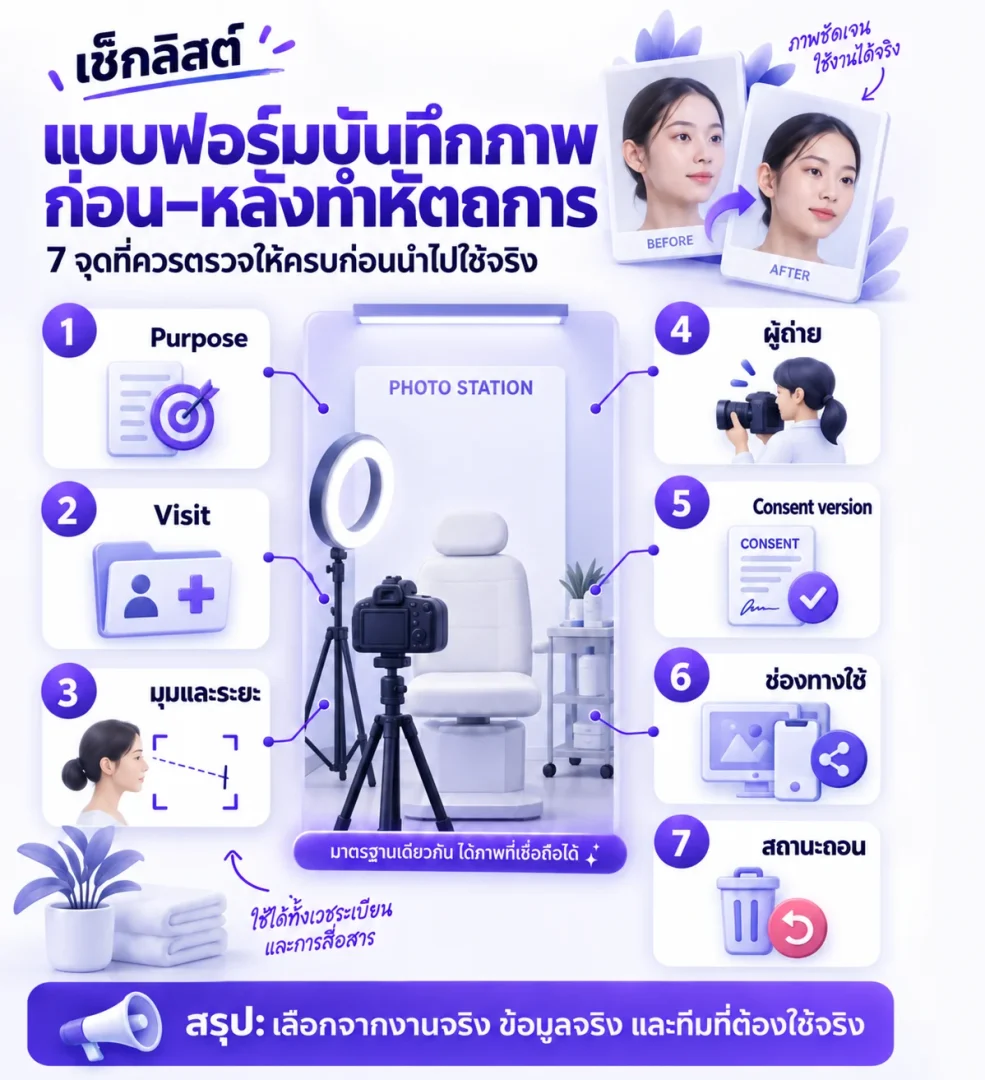เช็กลิสต์ แบบฟอร์มบันทึกภาพก่อน–หลังทำหัตถการ คลินิกควรเก็บช่องอะไรบ้าง