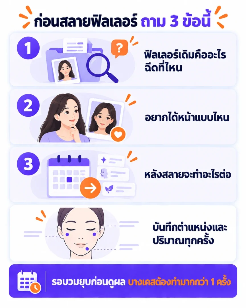 เช็กลิสต์คลินิกก่อนนัดสลายฟิลเลอร์ ตั้งแต่ขอชื่อผลิตภัณฑ์และรูปเก่า ซักประวัติแพ้ ให้คนไข้ชี้หน้าที่อยากได้ อธิบายว่าอาจต้องทำมากกว่าหนึ่งครั้ง จนถึงวางแผนหลังสลายและบันทึกแผนผังใบหน้า