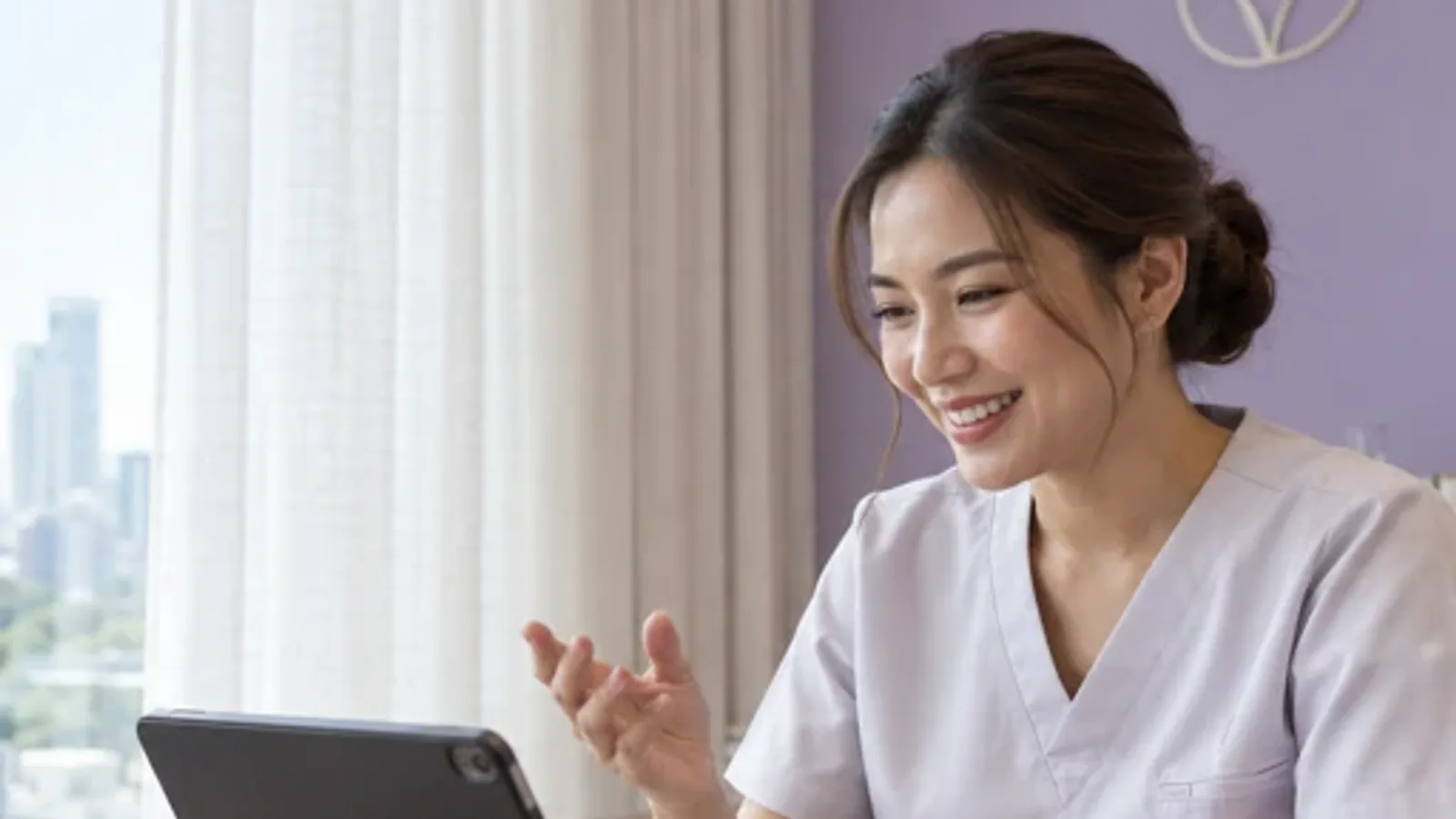 พยาบาลหญิงยิ้มคุยวิดีโอคอลผ่านแท็บเล็ตที่โต๊ะในคลินิกความงามที่สว่าง ข้างกันมีแฟ้มเอกสารดูแลหลังทำหัตถการและแบบฟอร์มติดตามผลวางเรียบร้อย