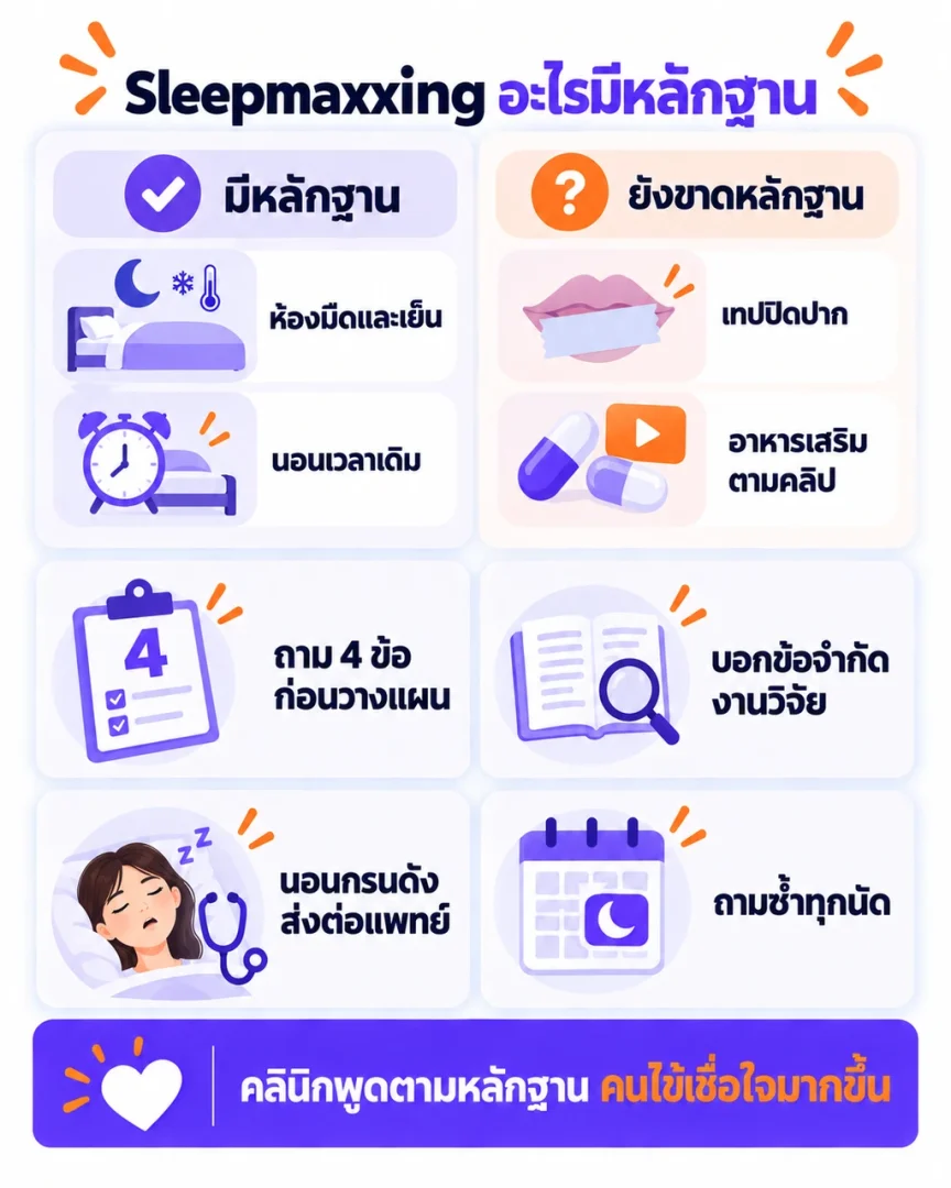 เช็กลิสต์คลินิกความงามคุยเรื่อง Sleepmaxxing กับคนไข้ ตั้งแต่เพิ่มคำถามการนอนในแบบซักประวัติ แยกเทคนิคที่มีหลักฐาน บอกข้อจำกัดของงานวิจัย ส่งต่อแพทย์เมื่อนอนกรน จนถึงถามซ้ำในนัดติดตาม